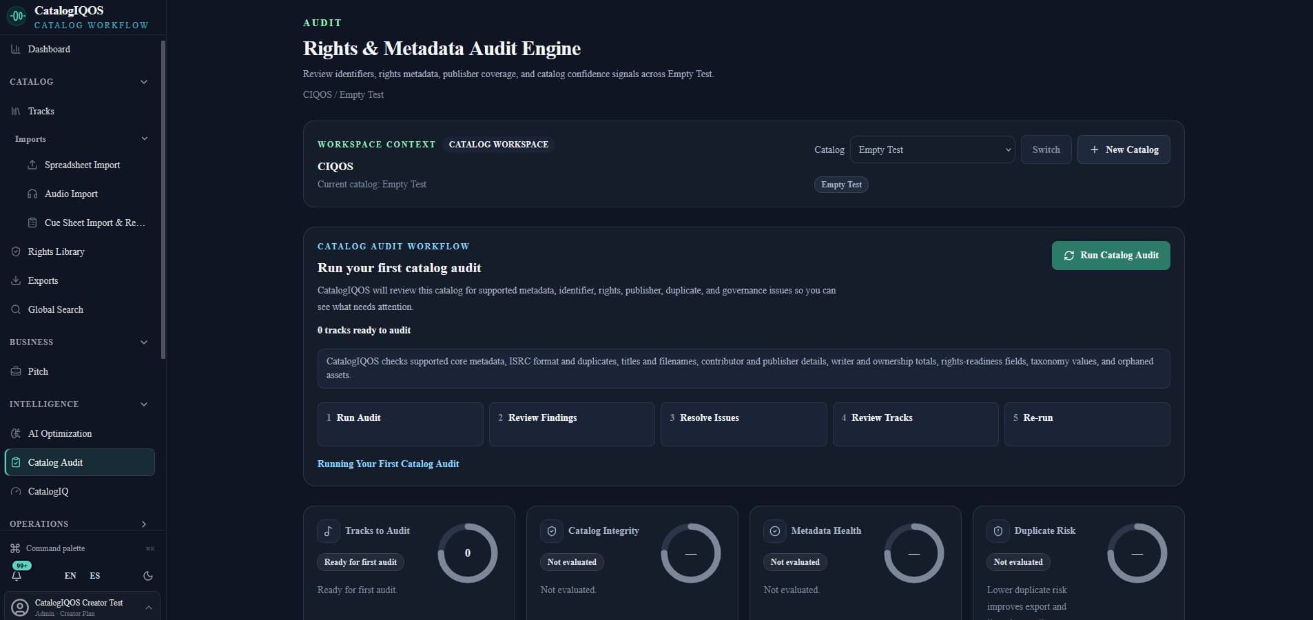 Catalog Audit — Scan identifiers, metadata, ownership, publisher coverage, duplicates, and governance signals, then turn findings into a focused remediation workflow.