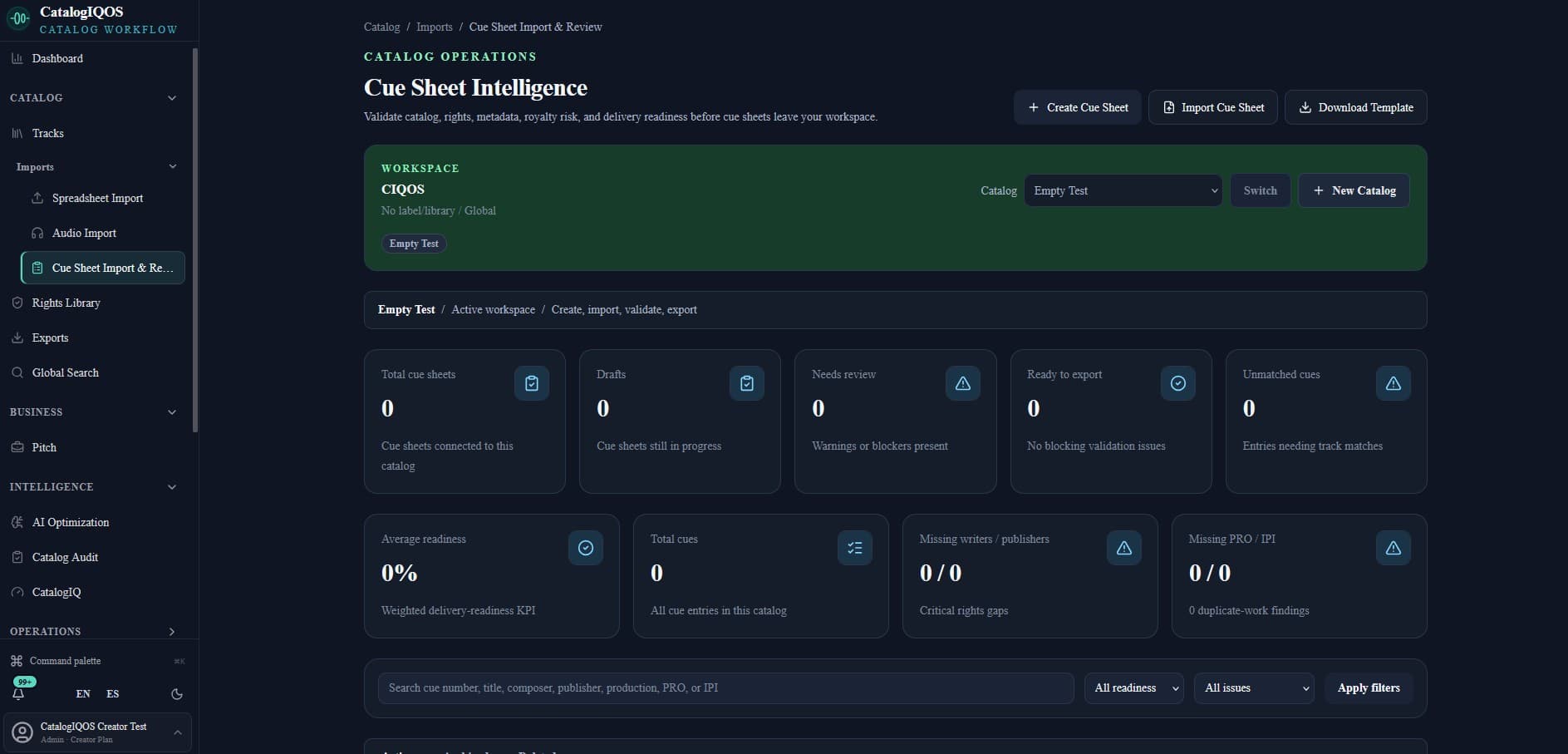 Cue Sheet Center — Create, import, validate, and track cue sheets while surfacing unmatched cues, missing rights data, and delivery blockers.