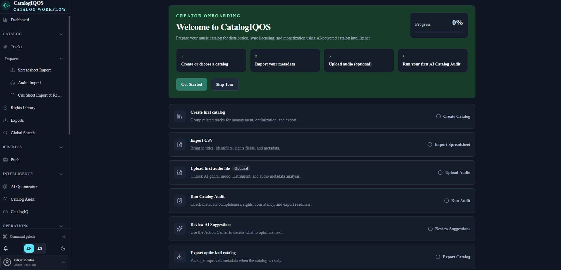 Creator Onboarding — Follow a guided setup path from creating your first catalog through metadata import, optional audio analysis, catalog auditing, and AI-assisted review.
