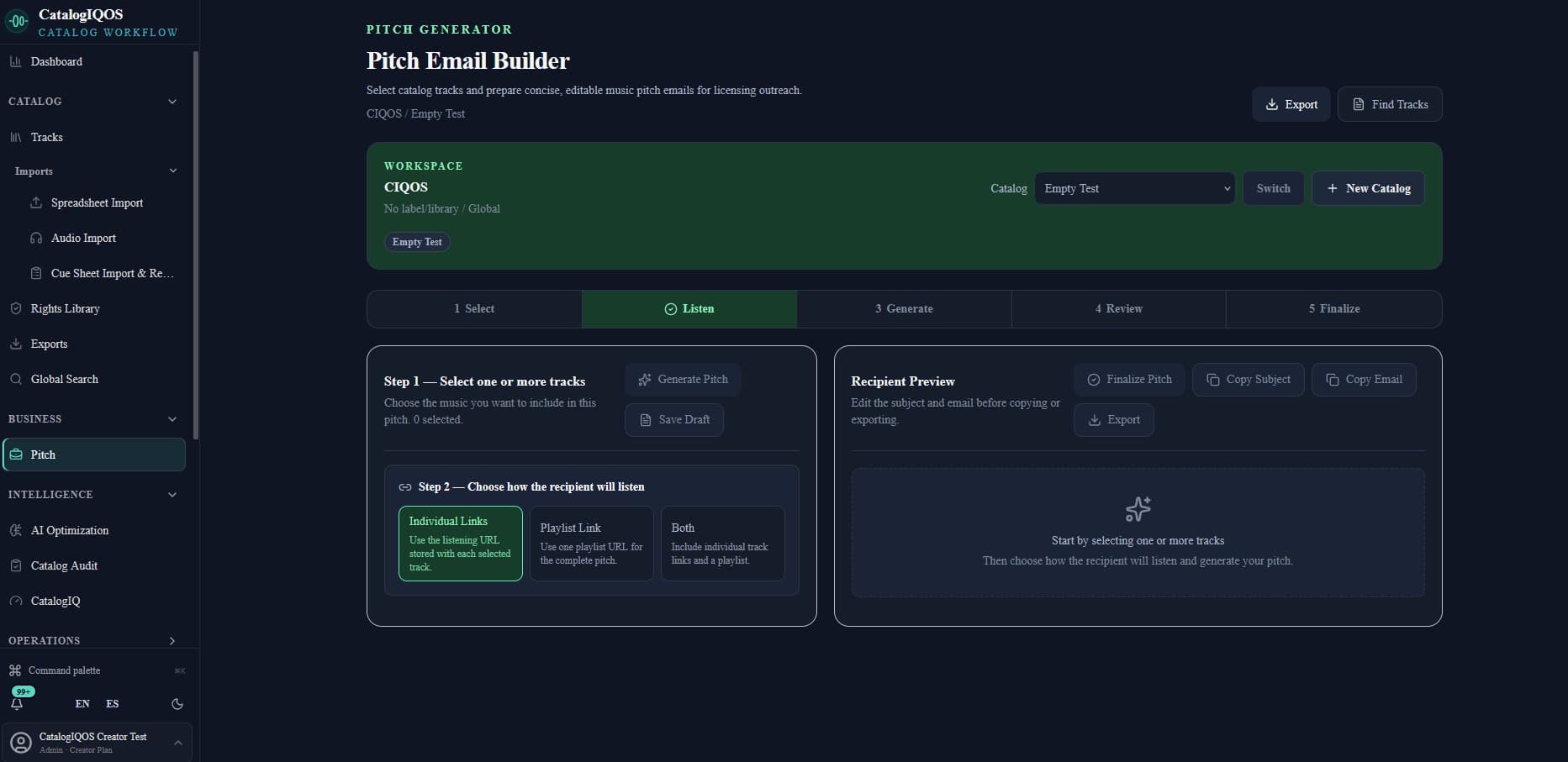Pitch Email Builder — Select pitch-ready tracks, choose how recipients will listen, and generate an editable licensing email your team can review before outreach.