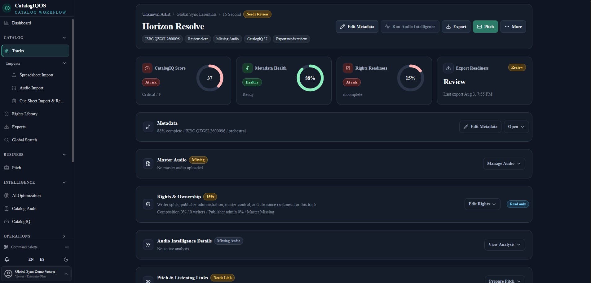 Single Track View — Bring metadata, master audio, rights ownership, export readiness, and pitch tools together for each recording.