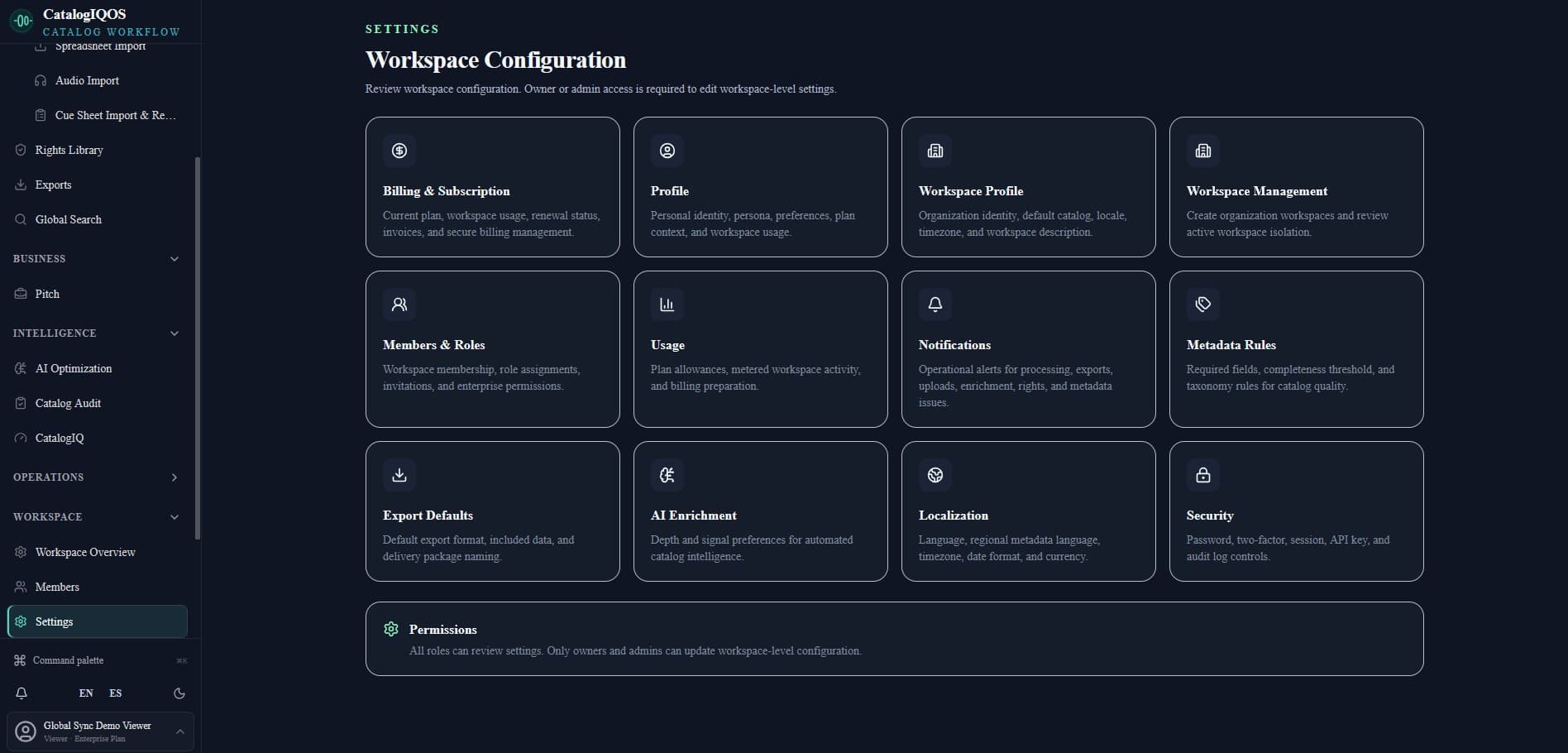 Workspace Settings — Configure workspace identity, defaults, and operating preferences for every catalog team.