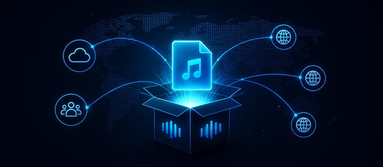 Packaged music file connected to cloud, audiences, and global delivery destinations.