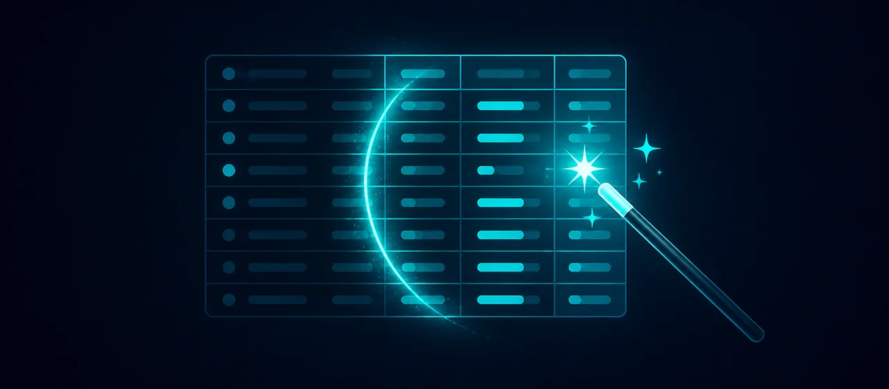 Structured metadata table being refined with a glowing wand and quality signals.