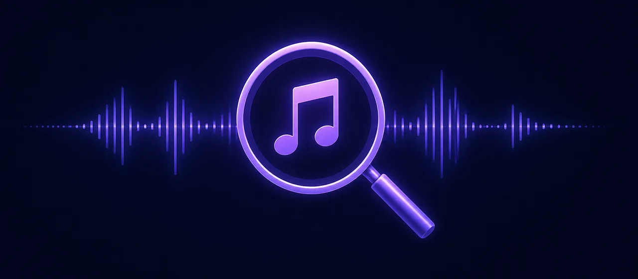Magnifying glass reviewing a music note against an audio waveform.